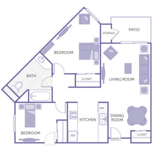 2 bed 1 bath floor plan, kitchen, dining room, living room, patio and storage, 3 closets